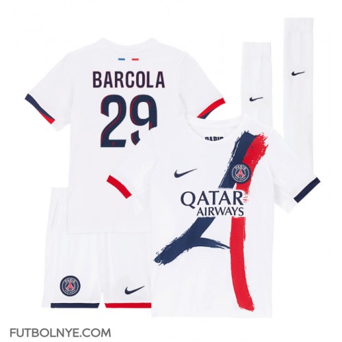 Camiseta Paris Saint-Germain Bradley Barcola #29 Visitante Equipación para niños 2024-25 manga corta (+ pantalones cortos)